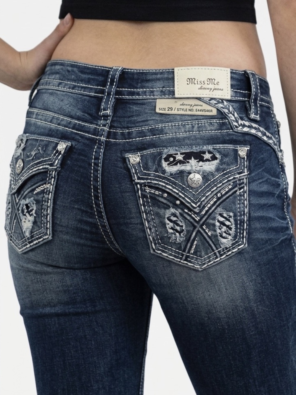 Miss Me Skinny Blue Jeans 29 Mid Rise Curvy Rhinestone Faux Flap Dark Wash